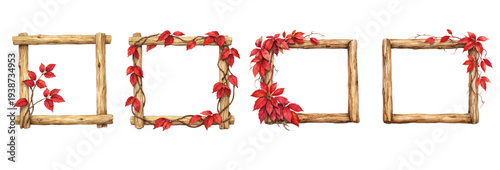 A charming watercolor collection of rustic wooden rectangular frames with red climbing leaves for autumn border illustrations and decorative design.