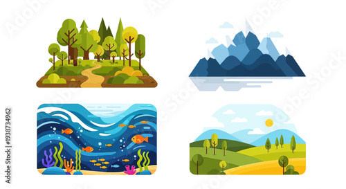 Set of Four Different Landscape Illustrations.