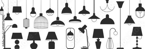 Modern lamp silhouettes collection, pendant lights table lamps and floor lamps icons set for interior lighting and home decor design