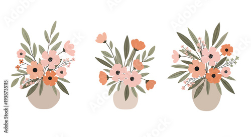 Three Vases with Pink Flowers and Leaves.