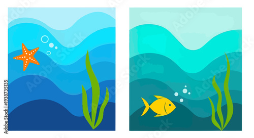 Underwater Scene with Starfish and Fish.