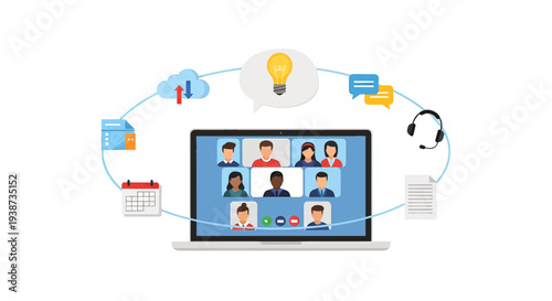 Video Conferencing on Laptop with Icons.