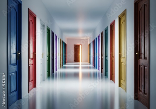 A long hallway stretches, lined with numerous closed doors, each suggesting distinct temporal opportunities. Navigating life's diverse choices and paths, perspective, multiple, way