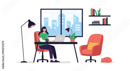 Woman Working on Laptop at Desk.