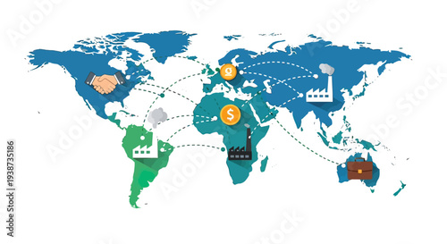 World Map with Colored Continents and Connections.