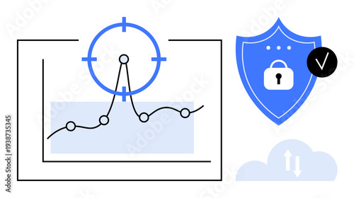 Data security concept. Data security with a shield, cloud technology, and line graph analytics elements. Data protection for financial services, cybersecurity, or IT systems. Analytics, digital