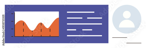 Data analysis, business performance, user analytics, technology dashboard, online reports, statistics tracking. Graphic includes chart, text blocks user icon. Data analysis and business performance
