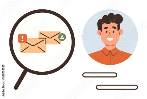 Email management, account notifications, user communication, messaging systems, digital alerts, online networking. Zoomed envelopes with notifications and user avatar. Email management and account