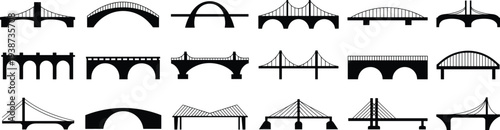 Set of bridge silhouettes icons collection, modern minimal bridge architecture symbols including suspension arch and highway bridges