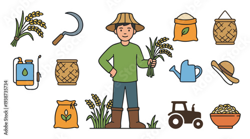 Professional Rice Farmer With Farming Equipment Icons Flat Vector Illustration