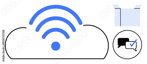 Cloud design with wireless signal, open box, and chat message icons. Ideal for connectivity, cloud storage, communication, remote work, technology collaboration and digital services. A simple flat