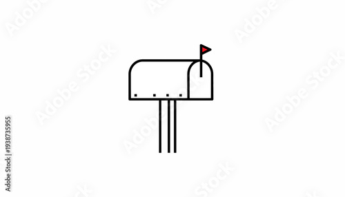 Simple Line Art Icon of a Mailbox with Red Flag Raised on White Background