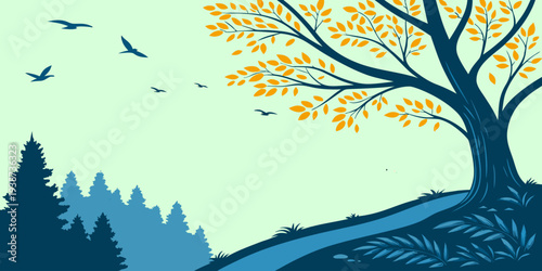Peaceful nature landscape featuring a tree on a cliff with mountains and flying birds. Ideal for inspirational backgrounds, travel design, nature posters, outdoor branding, and scenic illustrations.