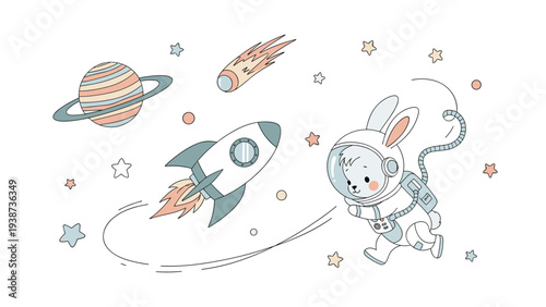 Whimsical minimalist line art illustration featuring a cheerful bunny astronaut, a launching rocket, a ringed planet, a streaking comet, and twinkling stars, ideal for children's designs.