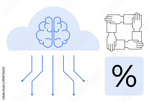 Artificial intelligence, teamwork, cloud computing, data networking, collaboration, analytics. Brain linked to data lines, hands in unity percentage symbol. Artificial intelligence and teamwork