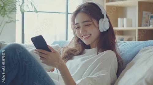 Young woman relaxing, listening to music on smartphone