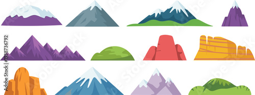 Stylized mountain icons collection, colorful peaks hills rocky cliffs and snow mountains set for nature landscape travel illustration design