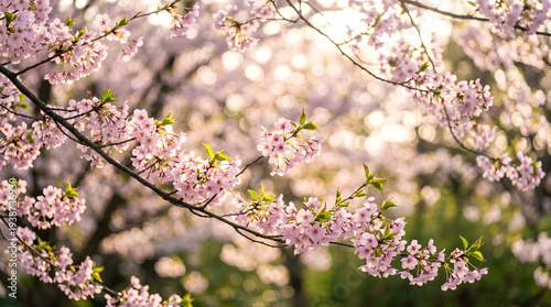 Delicate pink cherry blossoms in full bloom on tree branches.