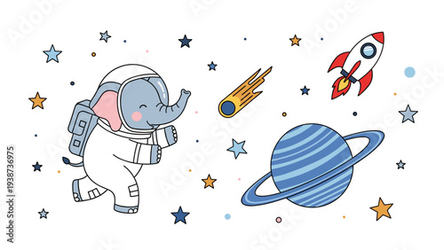 Adorable elephant astronaut happily running through outer space, surrounded by a launching rocket, a striped planet, a streaking comet, and sparkling stars, inspiring adventure.