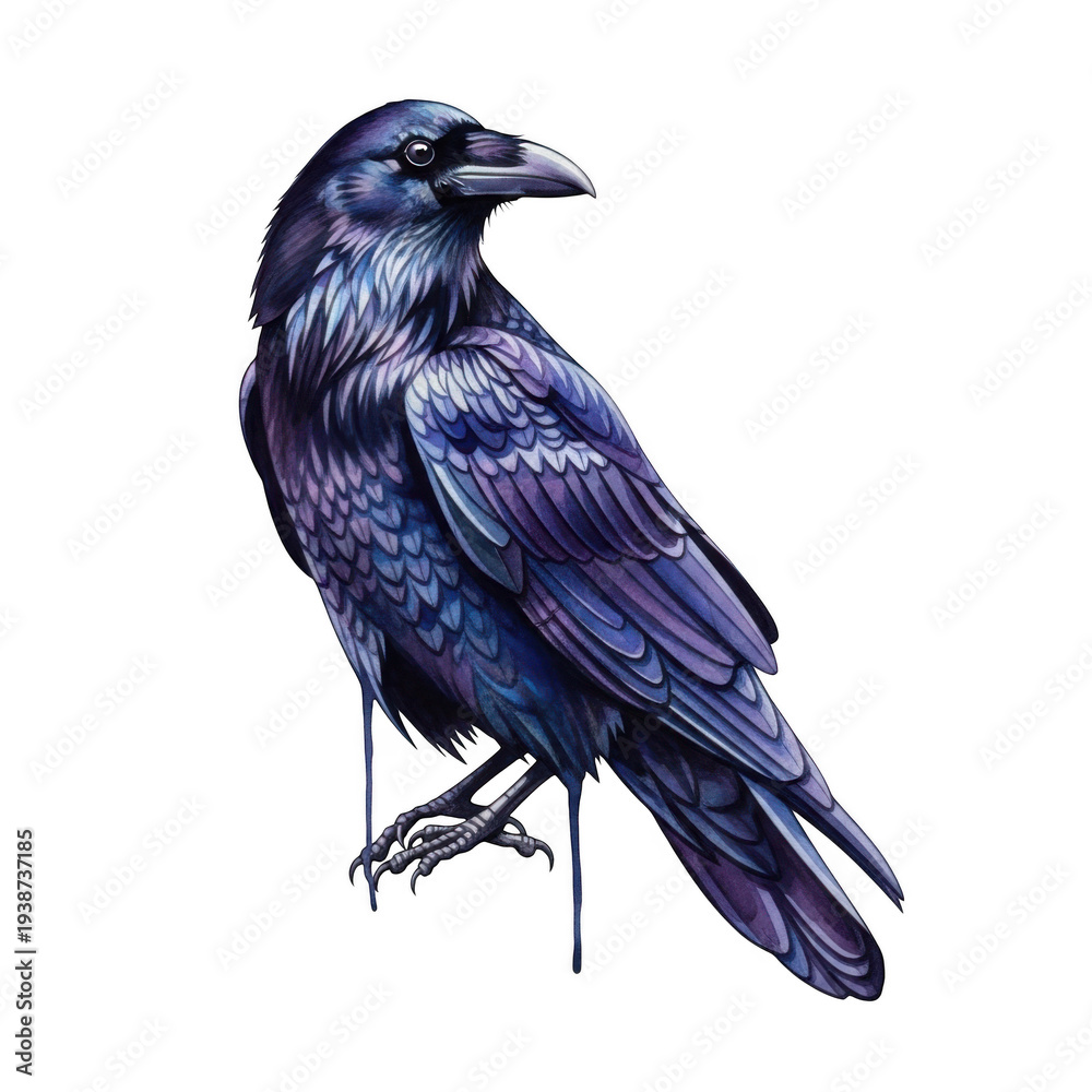 Fototapeta premium Elegant raven perched gracefully on a branch with striking blue and black plumage isolated on transparent background