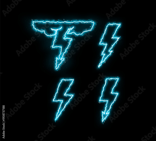 Lightning Bolt Icons Glowing Neon Blue
