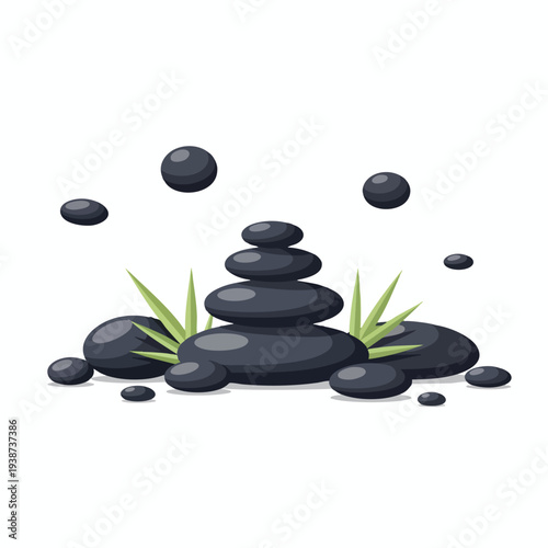 Peaceful Zen Garden with Smooth Black Stones and Green Grass