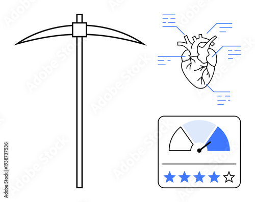 Digital mining concept. A pickaxe, heartbeat data flow, and a performance rating gauge with stars illustrate digital mining processes, healthcare integration, and data evaluation. For data science