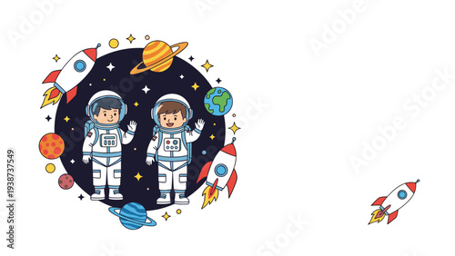 Two enthusiastic boy astronauts waving in outer space, encircled by a swirl of colorful planets, launching rockets, and twinkling stars, with ample copy space for text.