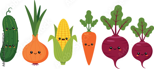 Cute kawaii vegetable characters collection including cucumber onion corn carrot and beetroot with smiling faces colorful cartoon food mascots isolated vector illustration set
