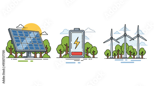 Comprehensive set of three illustrations showcasing diverse renewable energy sources: a solar panel, a charging battery, and majestic wind turbines, symbolizing sustainable power.