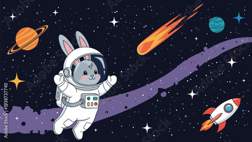 Adorable bunny astronaut playfully floating through a vibrant galaxy, surrounded by colorful planets, a launching rocket, a streaking comet, and countless twinkling stars.