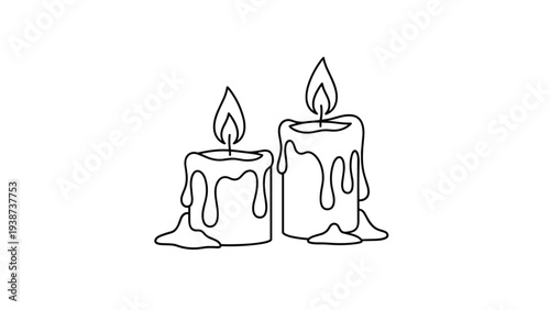 Simple line art illustration of two elegant candles, featuring flickering flames and dripping wax, capturing a moment of warm light and quiet contemplation.