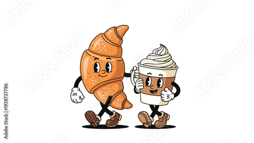 Cheerful retro cartoon characters depicting a flaky croissant and a delicious coffee cup, happily walking side-by-side, symbolizing a perfect breakfast pairing.