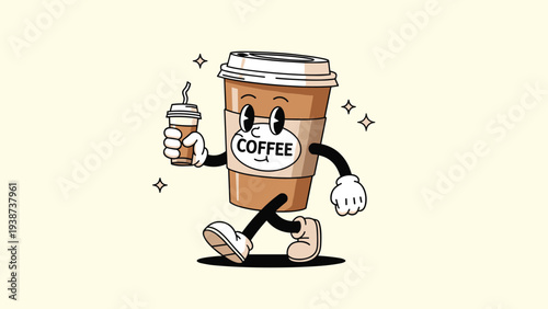 Enthusiastic retro cartoon coffee cup character happily walking and carrying a smaller coffee cup, reflecting a delightful vintage vibe and love for caffeine.