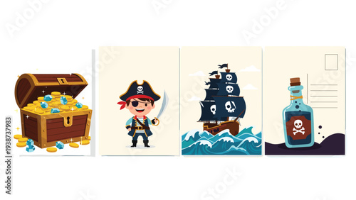 Comprehensive pirate-themed collection featuring an open treasure chest brimming with gold, a cheerful pirate boy, a formidable pirate ship, and a mysterious poison bottle.