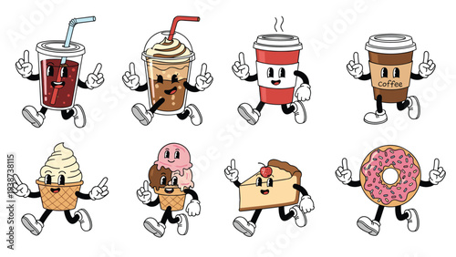 Dynamic collection of eight retro cartoon food and drink characters, including various beverages, ice creams, cheesecake, and a donut, all happily walking and pointing upwards.