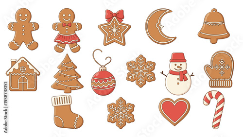 Delightful collection of Christmas gingerbread cookies, including a man, woman, star, moon, bell, house, tree, ornament, mitten, snowman, heart, and candy cane, perfect for holiday baking.
