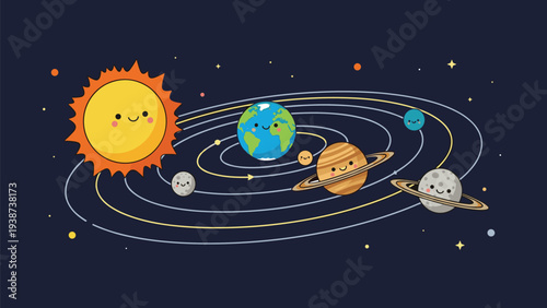 Vibrant cartoon solar system illustration featuring a happy, smiling sun at its center, surrounded by cute, cheerful planets orbiting in their distinct paths, set against a dark starry background.