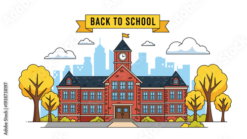 Vibrant "Back to School" banner elegantly placed over a traditional brick school building, surrounded by autumn trees and a modern city skyline, symbolizing new academic beginnings.