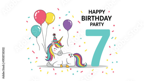 Festive happy birthday party design featuring a charming unicorn lying down next to a large number seven, surrounded by colorful balloons and scattered confetti.