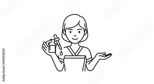 Woman applying serum with dropper to face, skincare routine, beauty treatment, self care, line art illustration