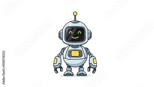 Adorable, friendly robot character standing proudly with a cheerful, smiling face displayed on its screen, illustrating modern artificial intelligence and helpful technology.