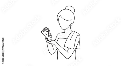 Woman applying serum to hand, skincare routine, beauty treatment, self-care, line art illustration