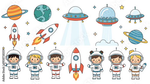 Comprehensive collection of diverse space-themed elements, including colorful planets, dynamic rockets, futuristic UFOs, and adorable child astronauts, ready for cosmic adventures.