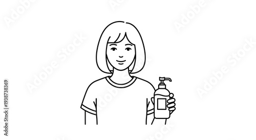Woman holding a dispenser bottle, illustration, clean design, hygiene concept