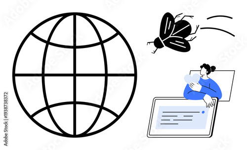 Global communication. A globe global interaction, a person working with technology, and an abstract of data flow. Global communication in networking, education, business, information technology