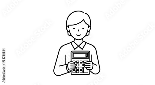 Woman holding a calculator, simple line art, accounting and finance concept