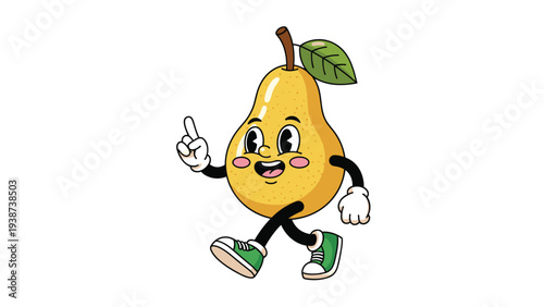 Playful retro cartoon pear character with a happy expression, walking confidently and pointing upwards, exuding a charming and energetic vintage vibe, isolated on white.