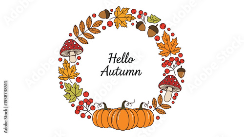 Charming "Hello Autumn" wreath intricately designed with vibrant pumpkins, whimsical mushrooms, rustic acorns, colorful leaves, and bright berries, celebrating the fall season.