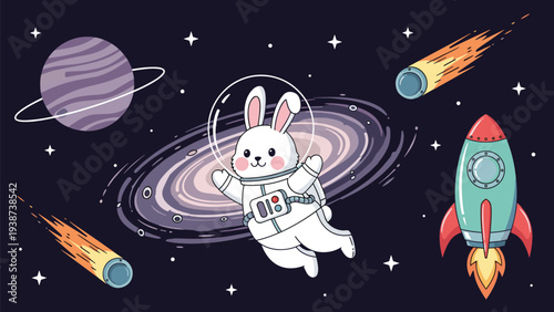 Adorable bunny astronaut playfully floating through a vast galaxy, surrounded by a ringed planet, dynamic rockets, streaking comets, and countless twinkling stars, inspiring cosmic dreams.